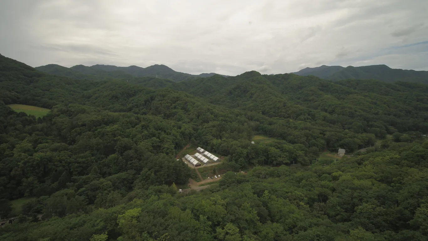 森林に囲まれたプロジェクト施設の全景